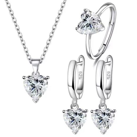 925 Sterling Silver CZ Diamond Heart Set Womans Fashion Birthday Anniversary NEW
